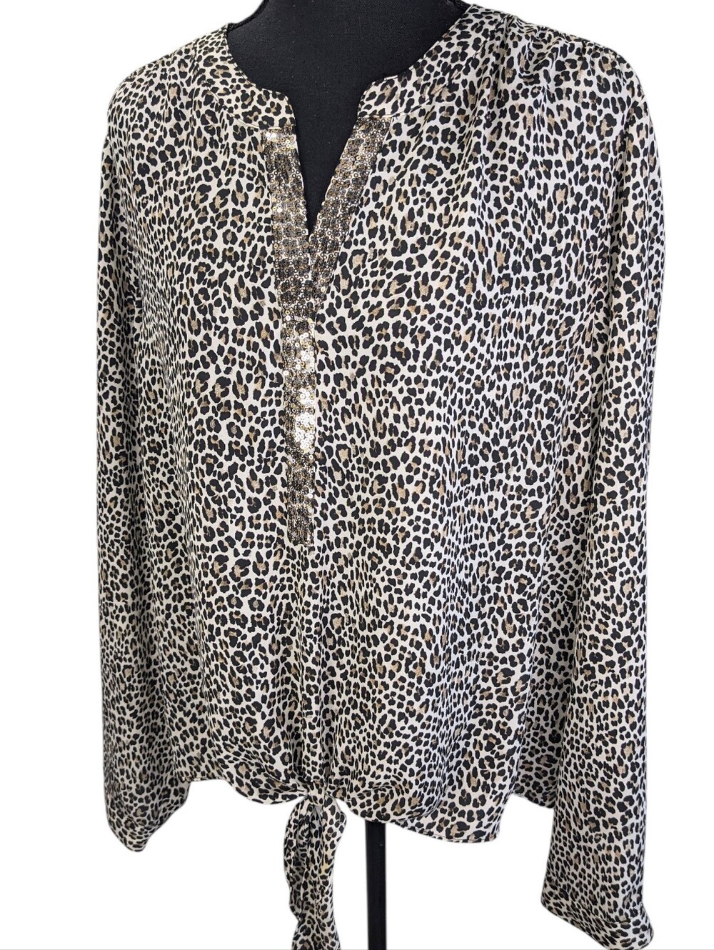 Chico's Neutral Leopard Tie-Hem Blouse with Sequined Placket Size XL
